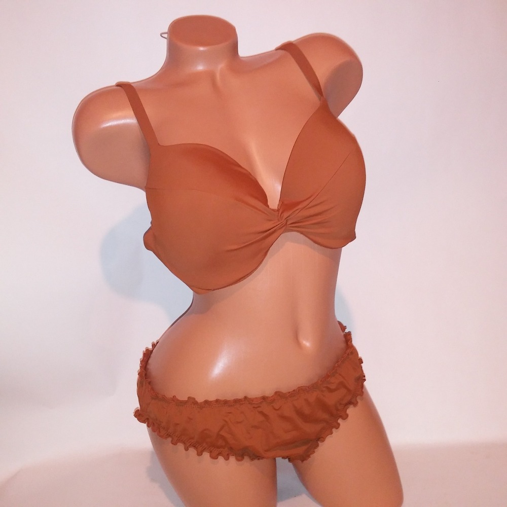 Victoria Secret Swim Bikini 38D Top XL Bottom Ginger Solid Ruffle Cheeky New